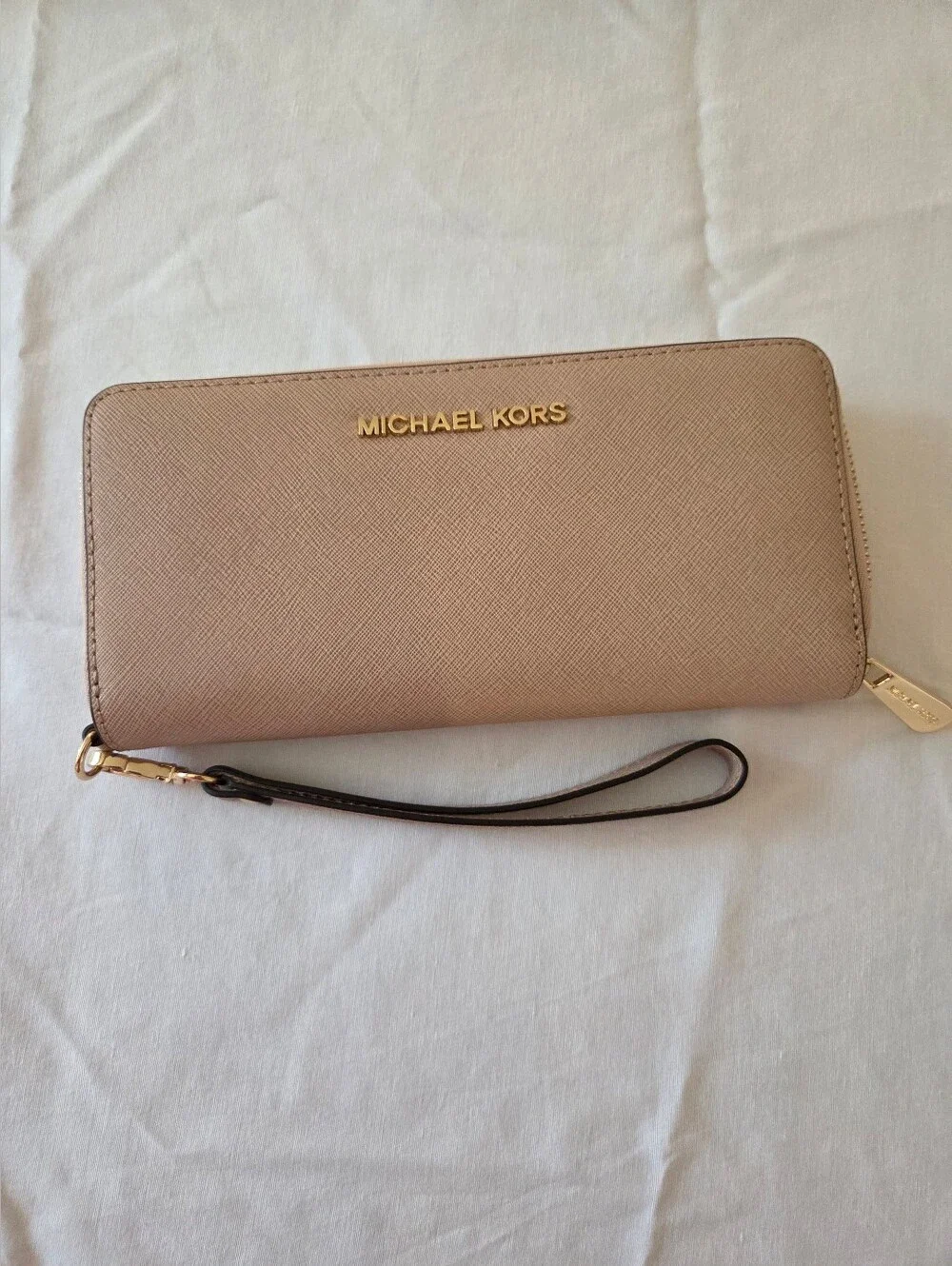 Michael Kors Zip-Around Saffiano Wallet in Beige with Gold Hardware